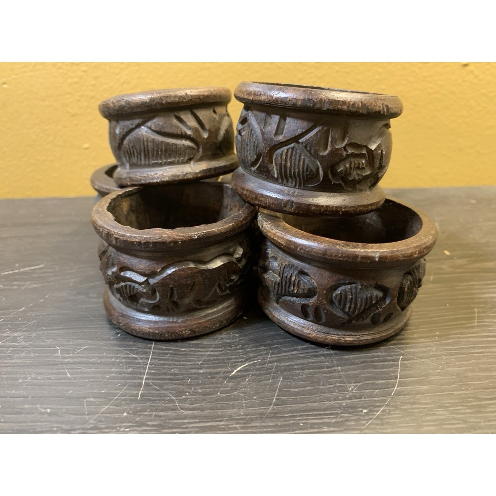 Vintage Kitchen Hand Carved Wooden Napkin Ring Holder Lot Of 6 Various Patterns